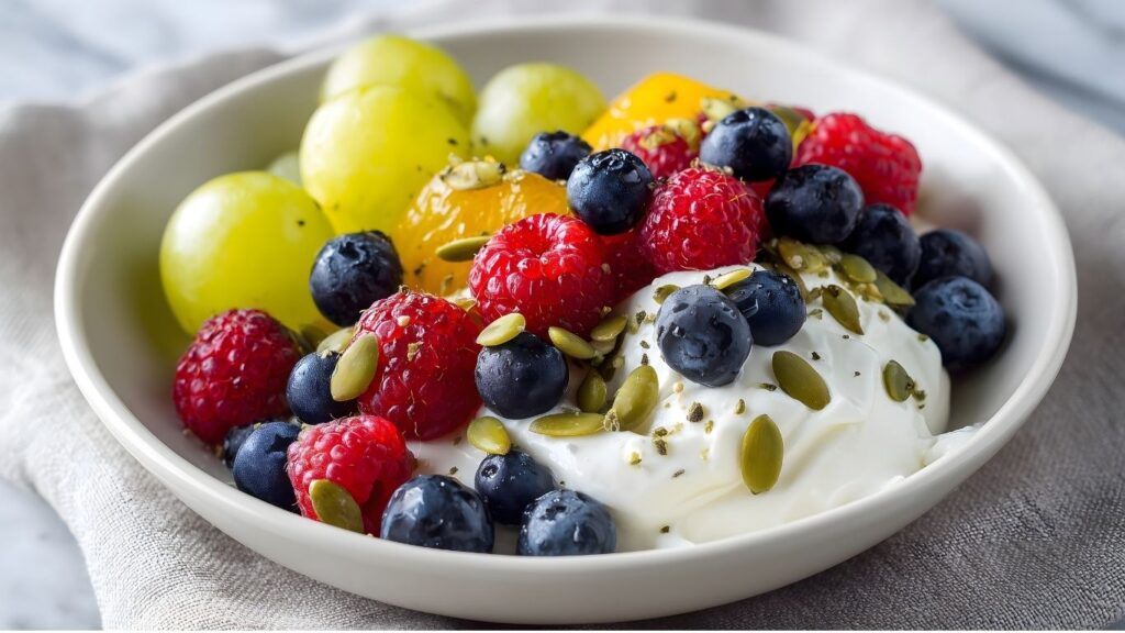 greek yogurt with berries and seeds